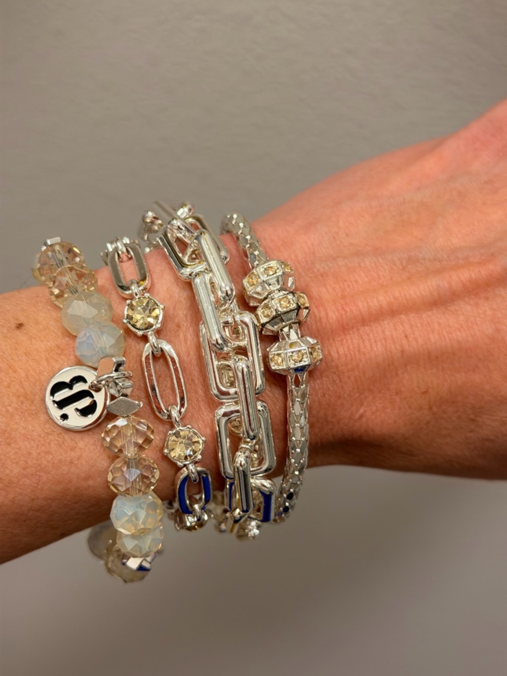 BOMB PARTY!! Silver-Tone Beaded & Chain Bracelet Stack with Champagne Beads - Picture 10 of 10